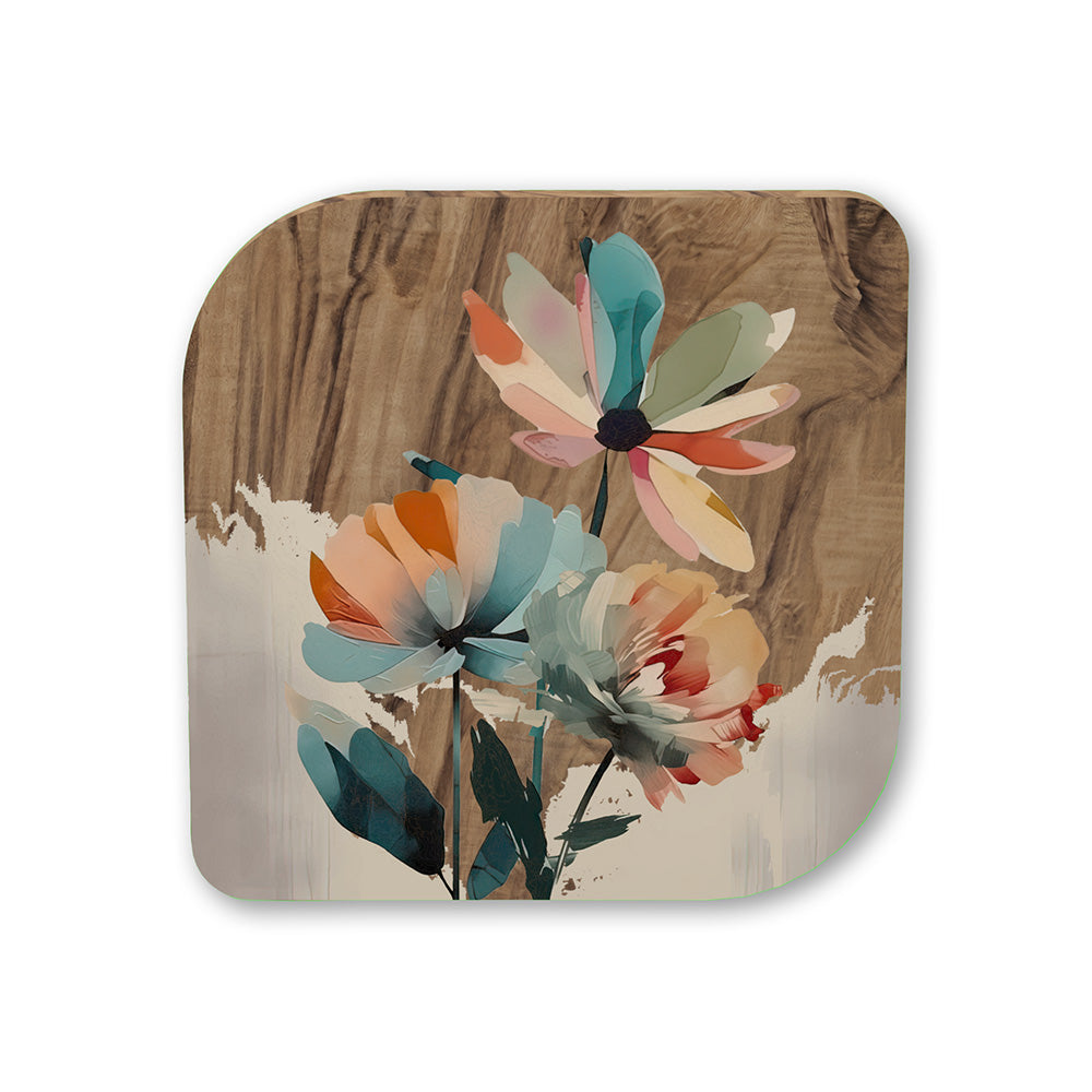 Quadretto legno ulivo con bouquet di fiori moderni toni turchese arancio rosa pesca, sfondo misto legno naturale e bianco, composizione botanica contemporanea