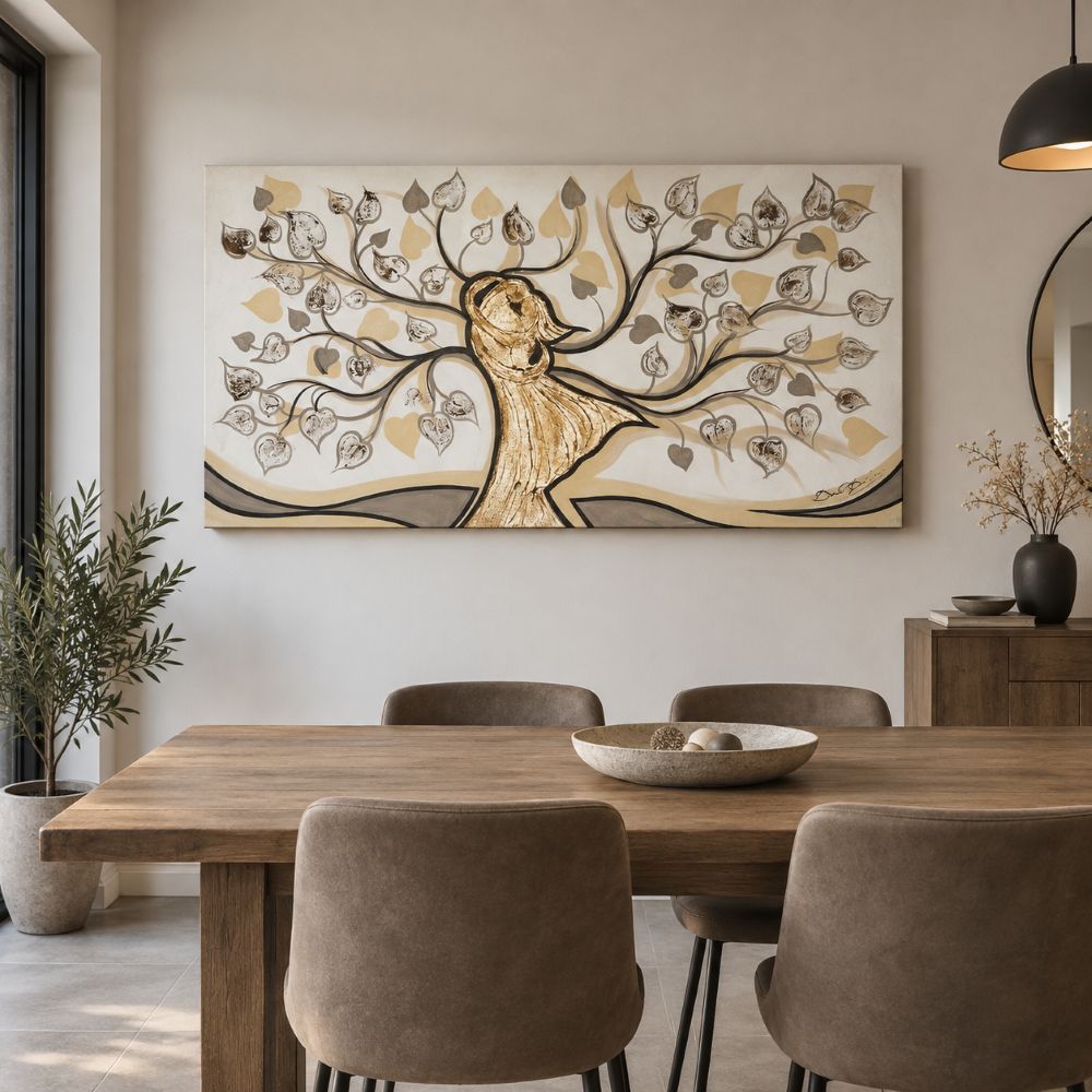 Quadro Albero Abbraccio Oro dipinto a mano, ambientato in una sala da pranzo moderna con arredi in legno e tonalità neutre.