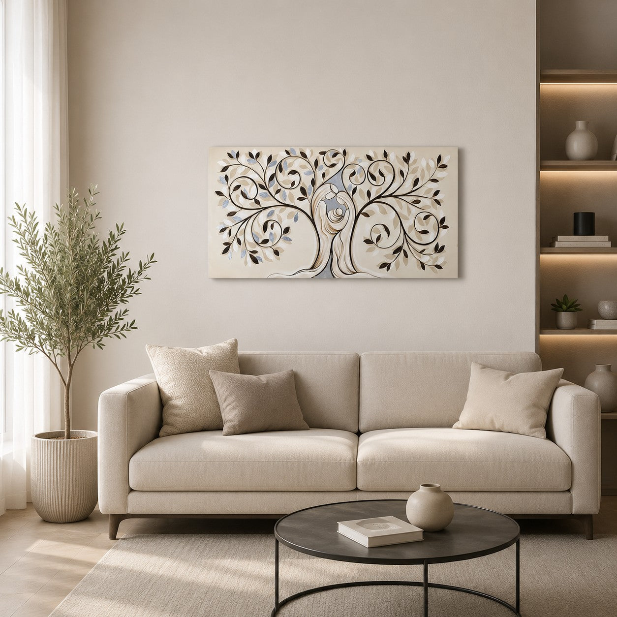 Quadro Albero della Famiglia 77x143 cm ambientato sopra un divano in un soggiorno moderno dai toni neutri.