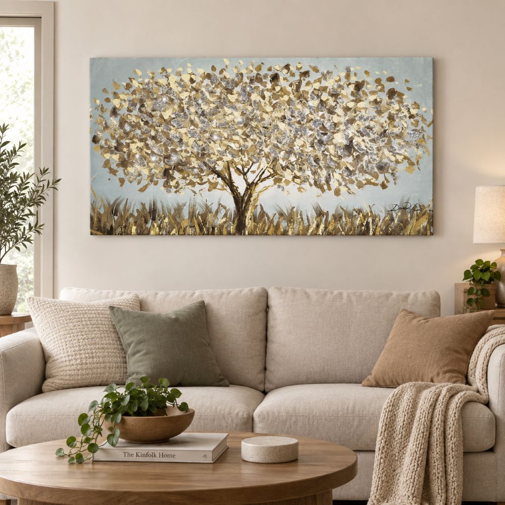Quadro Autunno Brown Glitter dipinto a mano, ambientato sopra un divano in un soggiorno moderno dai toni neutri.