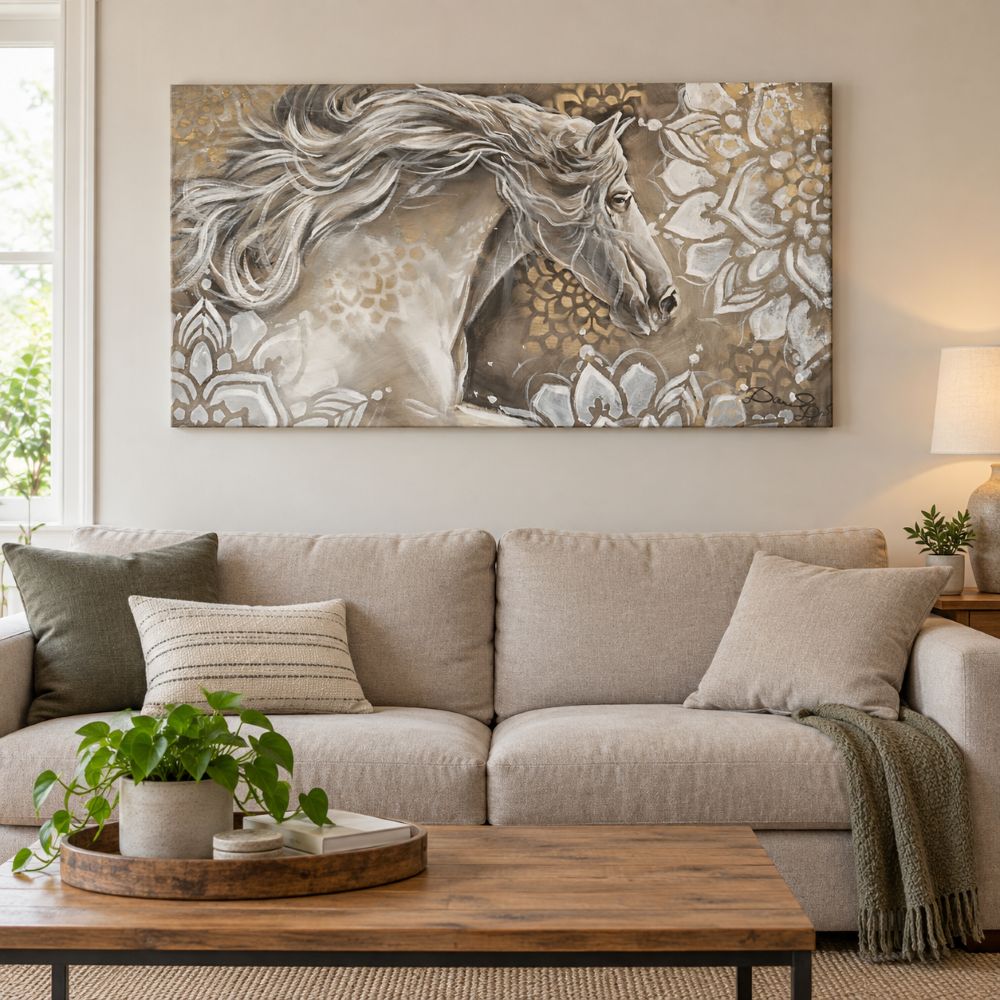 Quadro Briglie sciolte dipinto a mano con cavallo bianco, ambientato in un soggiorno moderno e realistico dai toni neutri