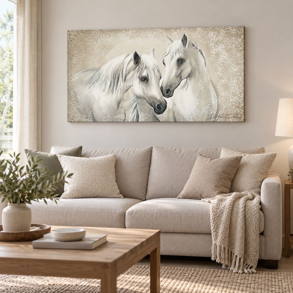 Quadro Coppia di cavalli dipinto a mano, ambientato in un soggiorno semplice e luminoso dai toni neutri.