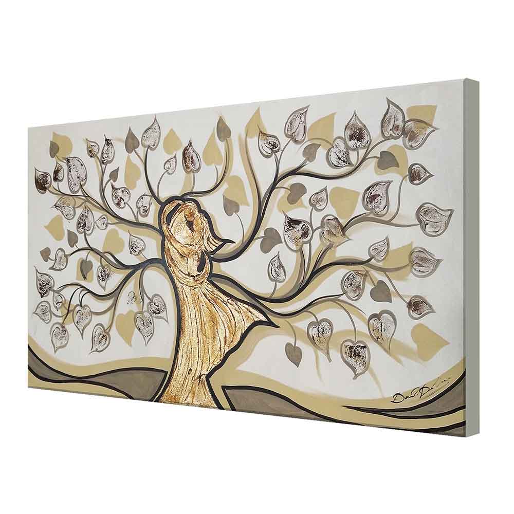 Quadro dipinto a mano con figure che si abbracciano, si fondono in un albero dai rami sinuosi, foglie cuoriformi in toni oro e argento.