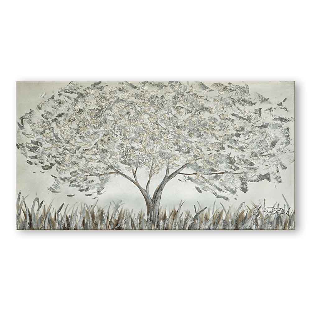 Quadro dipinto a mano con albero stilizzato in sfumature di grigio e argento, chioma ricca e luminosa, dettagli materici su sfondo chiaro.