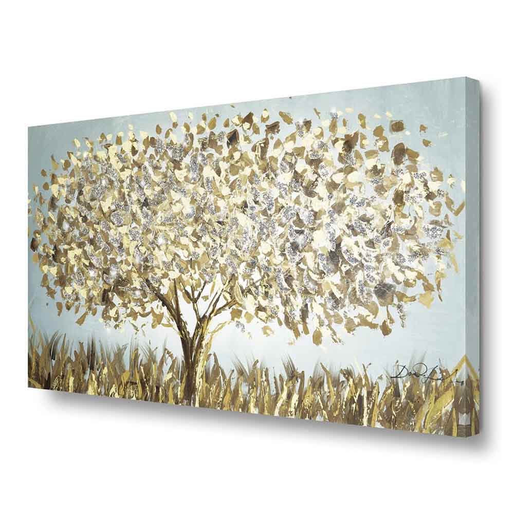 Quadro dipinto a mano con albero autunnale dai toni marrone, oro e argento, foglie dense e luminose su sfondo chiaro con erba stilizzata.