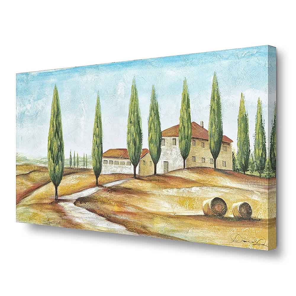 Quadro dipinto a mano con paesaggio collinare, filare di cipressi verdi e casale rustico sotto un cielo azzurro luminoso.