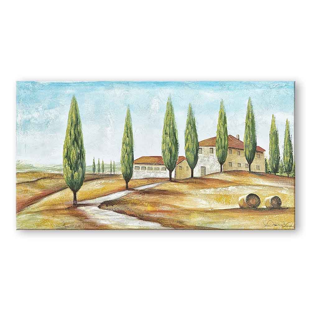 Quadro dipinto a mano con paesaggio rurale, casolare circondato da cipressi verdi su colline dorate, sotto un cielo azzurro