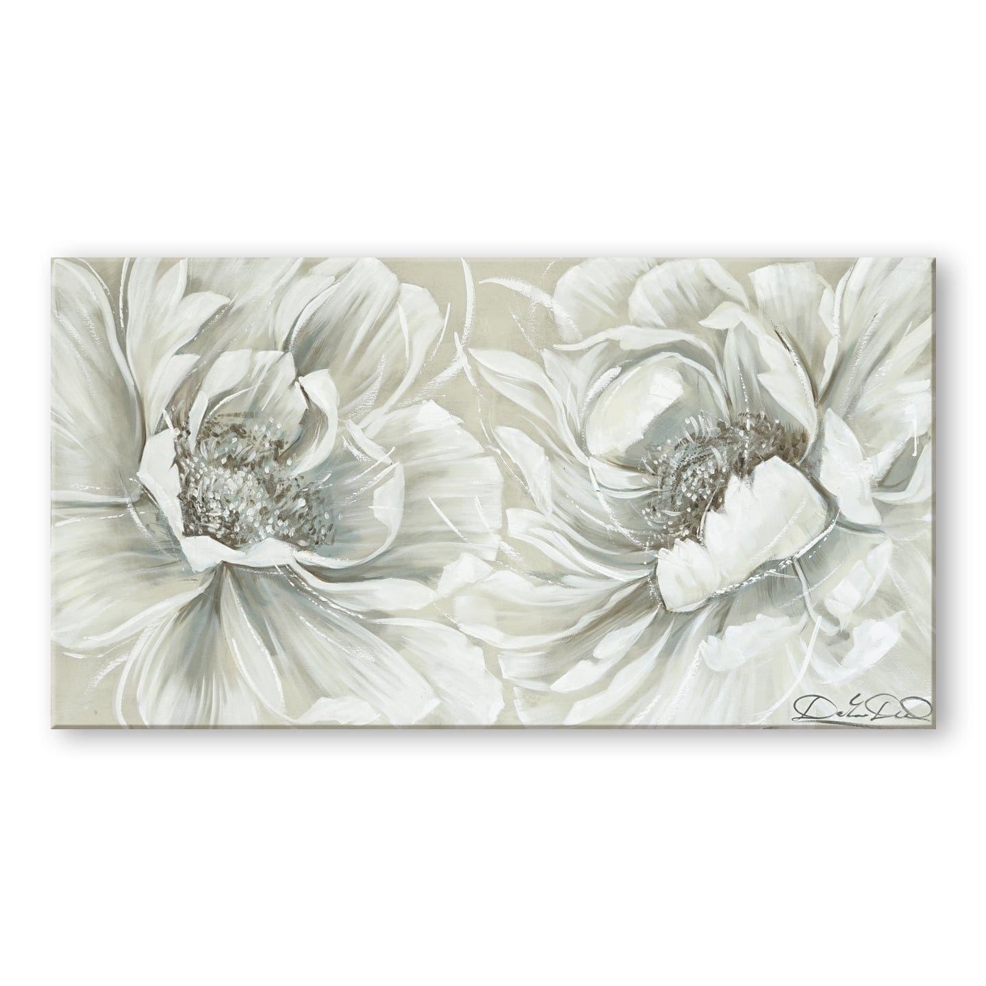 Quadro dipinto a mano con peonie bianche in stile elegante, dettagli sfumati e tonalità neutre per un'atmosfera armoniosa e delicata.