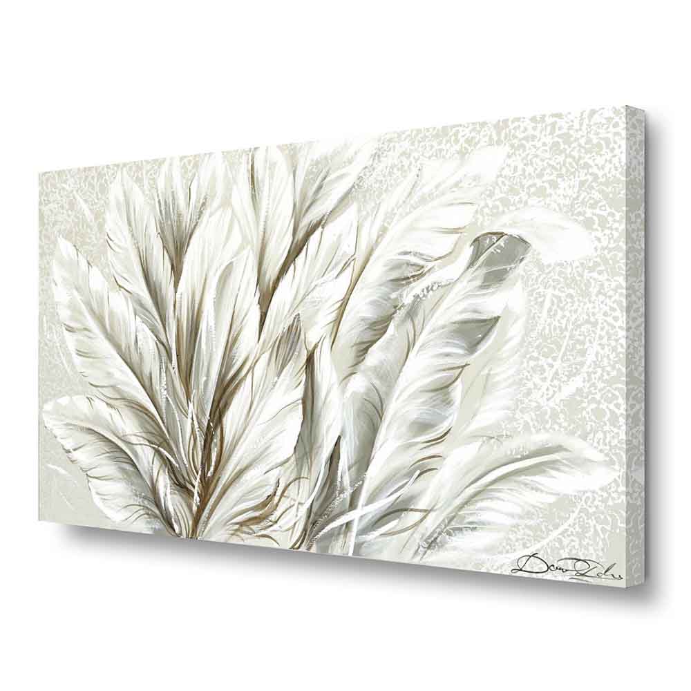 Quadro dipinto a mano con piume bianche su fondo beige, pennellate leggere e texture luminosa per un effetto soffice e avvolgente.