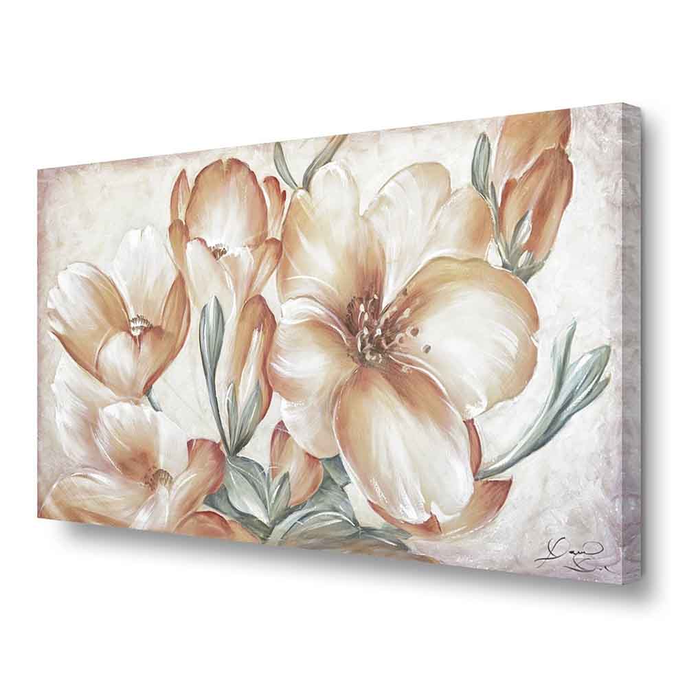 Quadro dipinto a mano con rami di fiori di pesco rosa su sfondo argentato, dettagli delicati e atmosfera poetica e sognante.