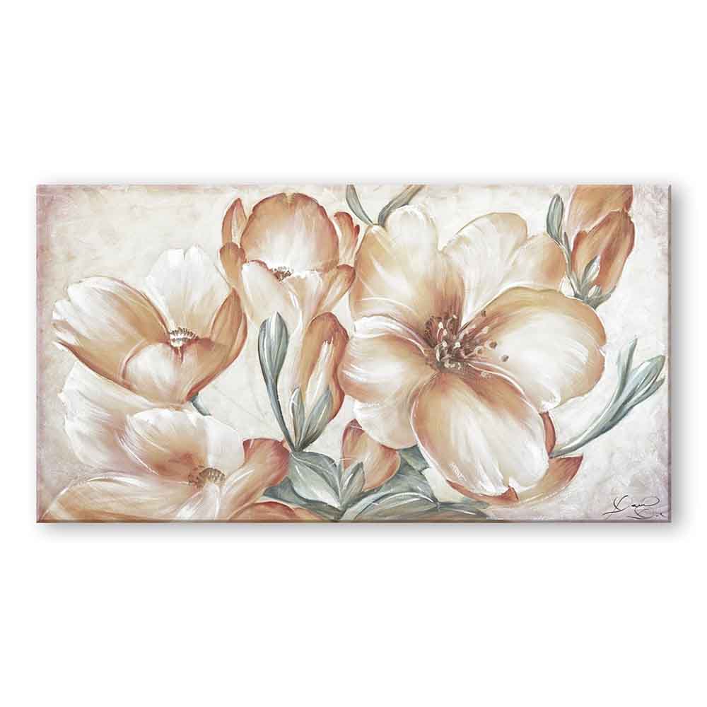 Quadro dipinto a mano con fiori di pesco rosa su ramo intrecciato, sfumature delicate e tonalità pastello per un effetto rilassante.