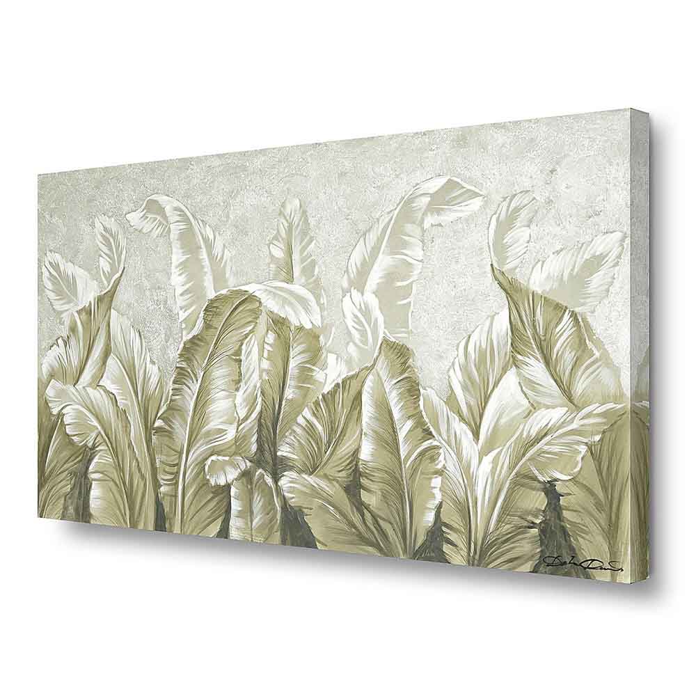 Quadro dipinto a mano con foglie bianche in madreperla, texture sfumata e pennellate morbide per un effetto naturale ed elegante.