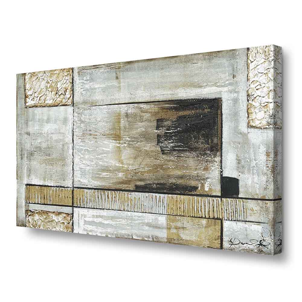 Quadro dipinto a mano con forme geometriche e toni caldi e neutri, vista laterale che esalta la profondità e le texture del dipinto.