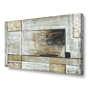 Quadro dipinto a mano con forme geometriche e toni caldi e neutri, vista laterale che esalta la profondità e le texture del dipinto.