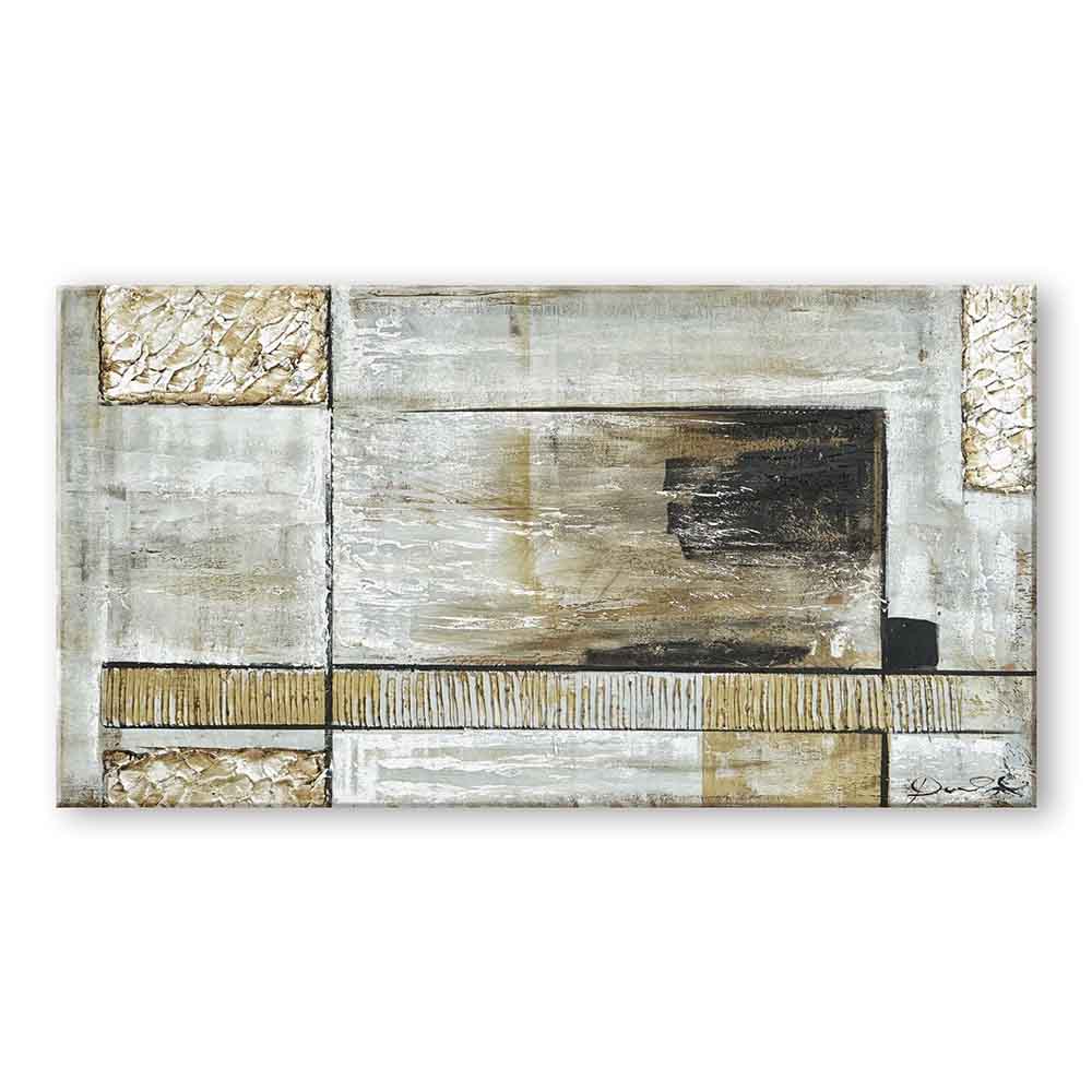 Quadro dipinto a mano astratto con texture materiche in tonalità neutre, rettangoli e dettagli dorati per un design moderno ed elegante.