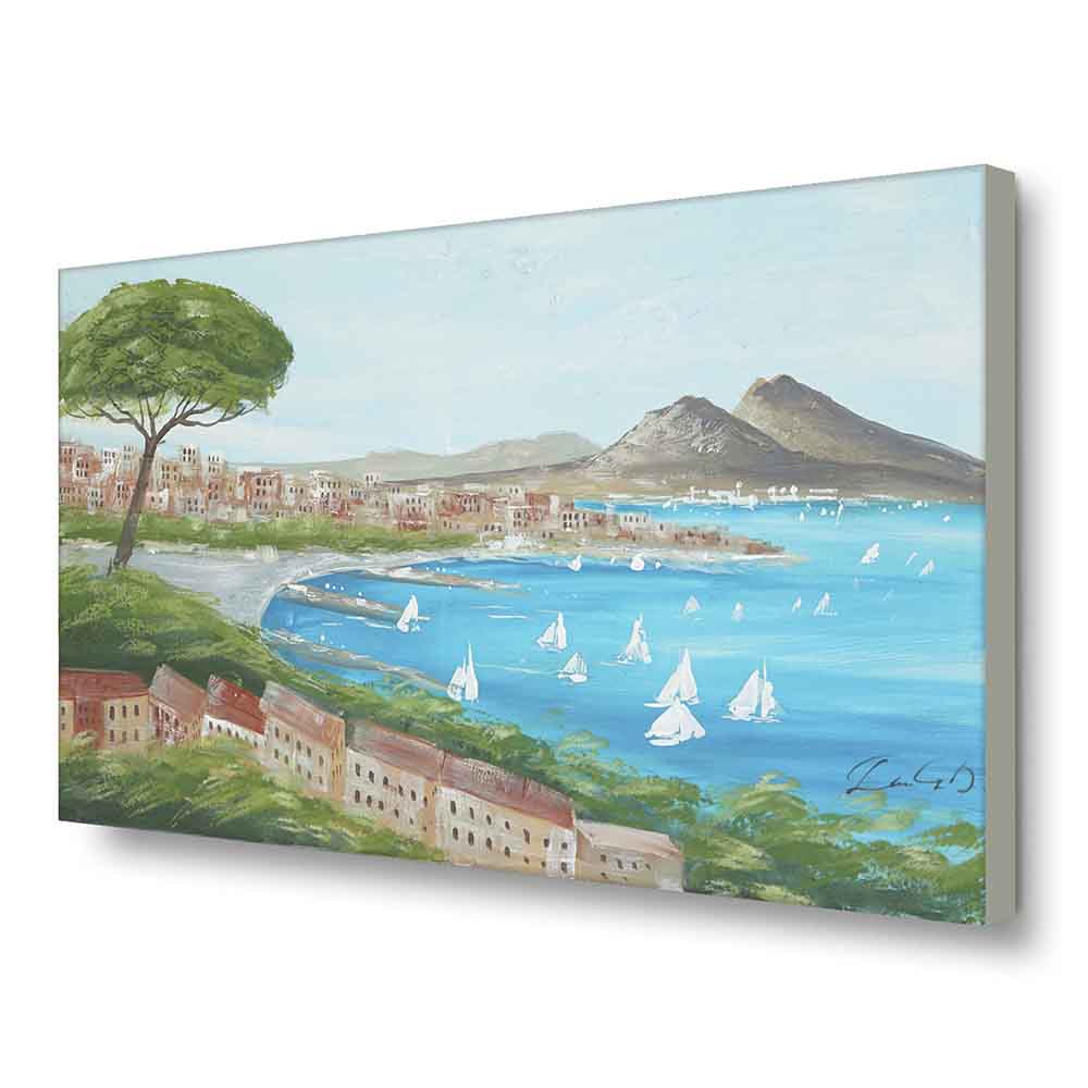 Quadro dipinto a mano con vista del Golfo di Napoli, dettagli curati di mare e città, inquadrato da un’angolazione che ne evidenzia la profondità.