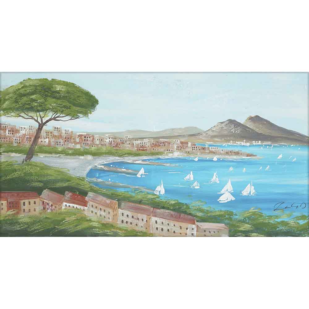 Quadro dipinto a mano con veduta del Golfo di Napoli, barche a vela sul mare azzurro, case colorate e il Vesuvio sullo sfondo.