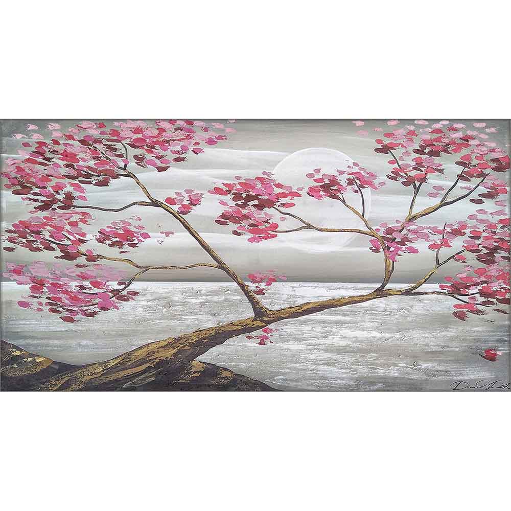 Quadro dipinto a mano con ramo fiorito dai petali rosa, sfondo lunare con riflessi sull’acqua, creando un’atmosfera serena e sognante.