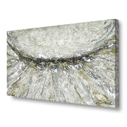 Quadro dipinto a mano con texture materica grigia, vista laterale. Dettagli tridimensionali creano profondità e dinamismo.