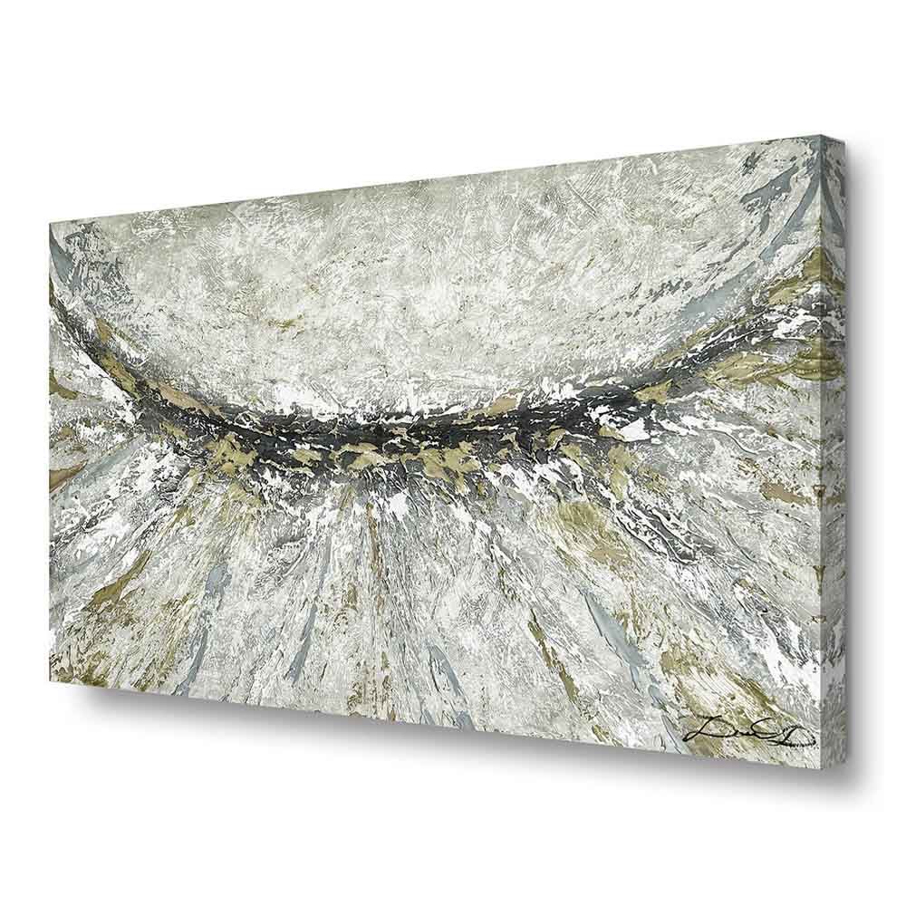 Quadro dipinto a mano con texture materica grigia, vista laterale. Dettagli tridimensionali creano profondità e dinamismo.