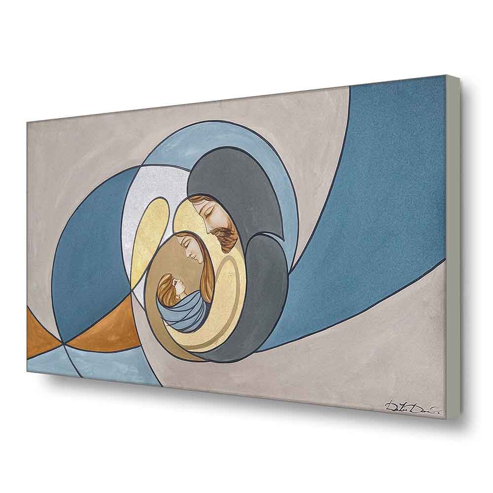 Quadro dipinto a mano con immagine sacra dai colori caldi sfumati, pennellate delicate e dettagli raffinati, inquadratura laterale.