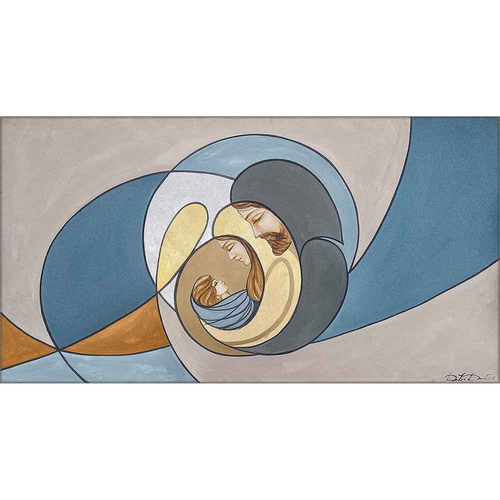 Quadro dipinto a mano con composizione armoniosa di figure avvolte in tonalità vivaci, linee fluide e dettagli raffinati su sfondo chiaro.