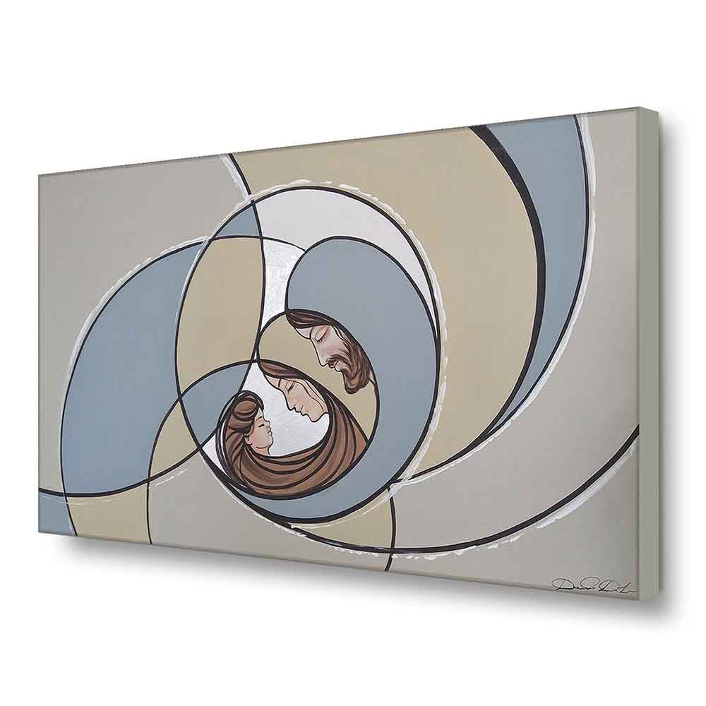 Vista laterale di un quadro dipinto a mano con linee delicate e dettagli argentati, effetto luminoso che valorizza i giochi di luce sulla superficie.