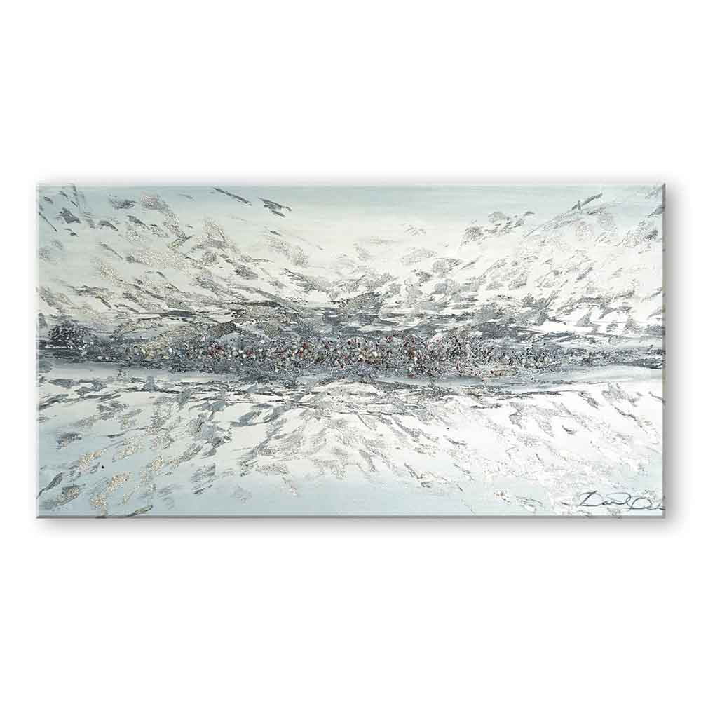 Quadro dipinto a mano con orizzonte astratto nei toni freddi, giochi di luce su un fondo chiaro, creano un’atmosfera rilassante.