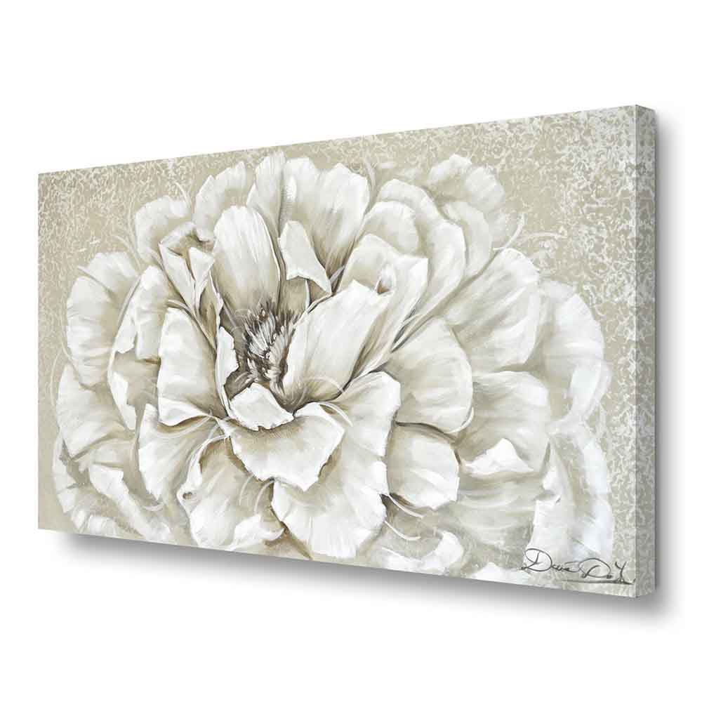 Quadro dipinto a mano con peonia vista lateralmente. Sfumature delicate e dettagli realistici esaltano la morbidezza dei petali.