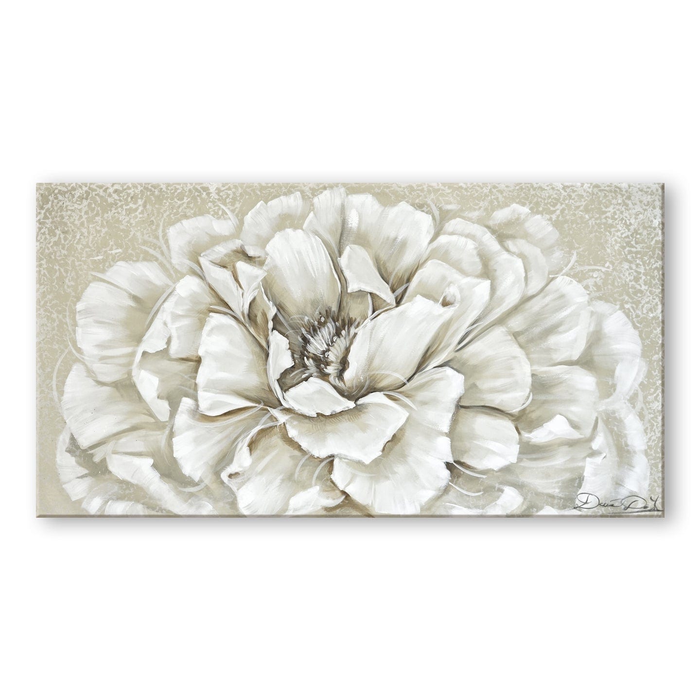 Quadro dipinto a mano con una peonia bianca al centro, sfumature eleganti e dettagli minuziosi su tela con toni pastello armoniosi.