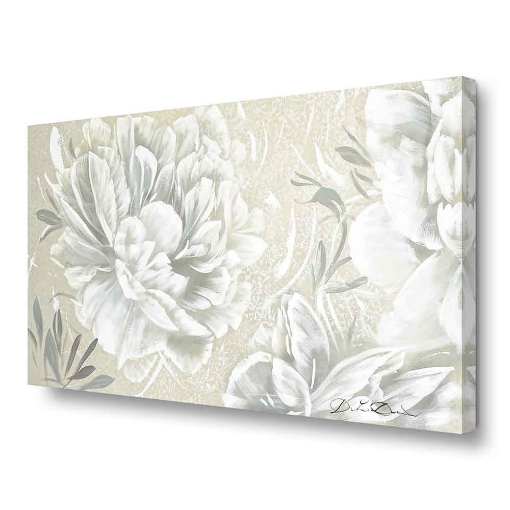 Quadro dipinto a mano con peonie bianche, vista laterale che esalta la profondità e la tridimensionalità delle pennellate su tela.