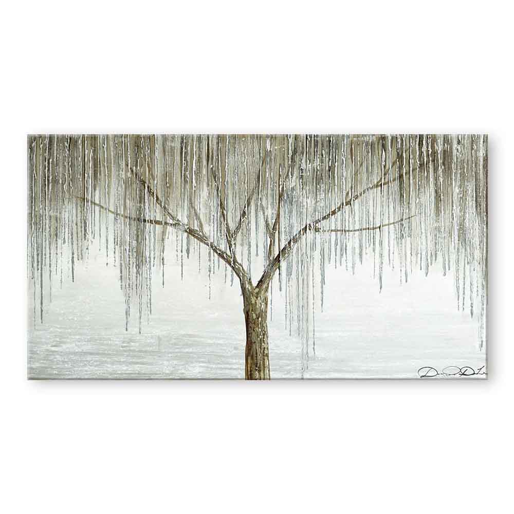 Quadro dipinto a mano raffigurante un albero con foglie sottili e lunghe pendenti, tonalità neutre e sfondo chiaro che evocano un paesaggio invernale.