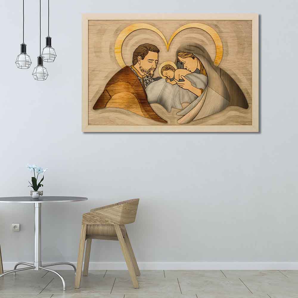Quadro in legno a rilievo con Sacra Famiglia incorniciata, decorazione raffinata per la cucina.