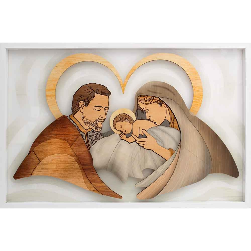Quadro in legno con Sacra Famiglia su plexiglass, con dettagli scolpiti in rilievo e linee armoniose.
