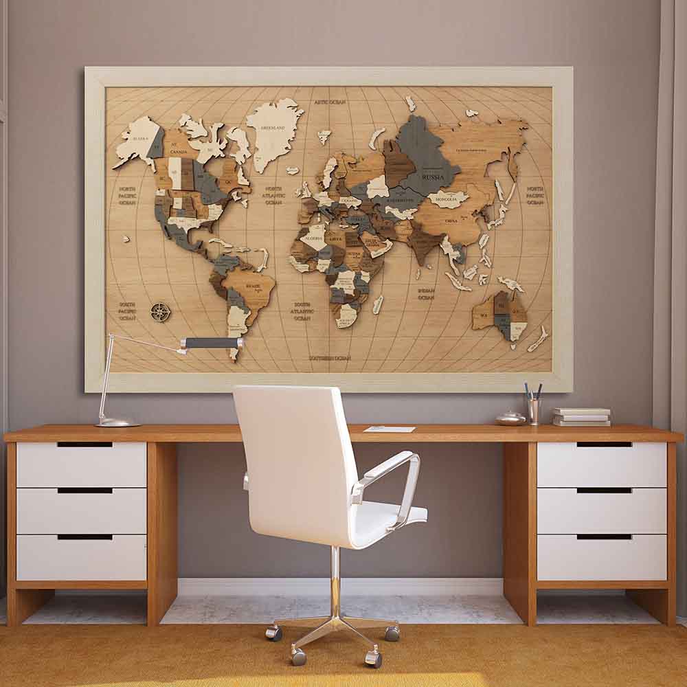 Quadro in legno a rilievo con mappa del mondo incorniciato, decorazione perfetta per un ufficio di design.