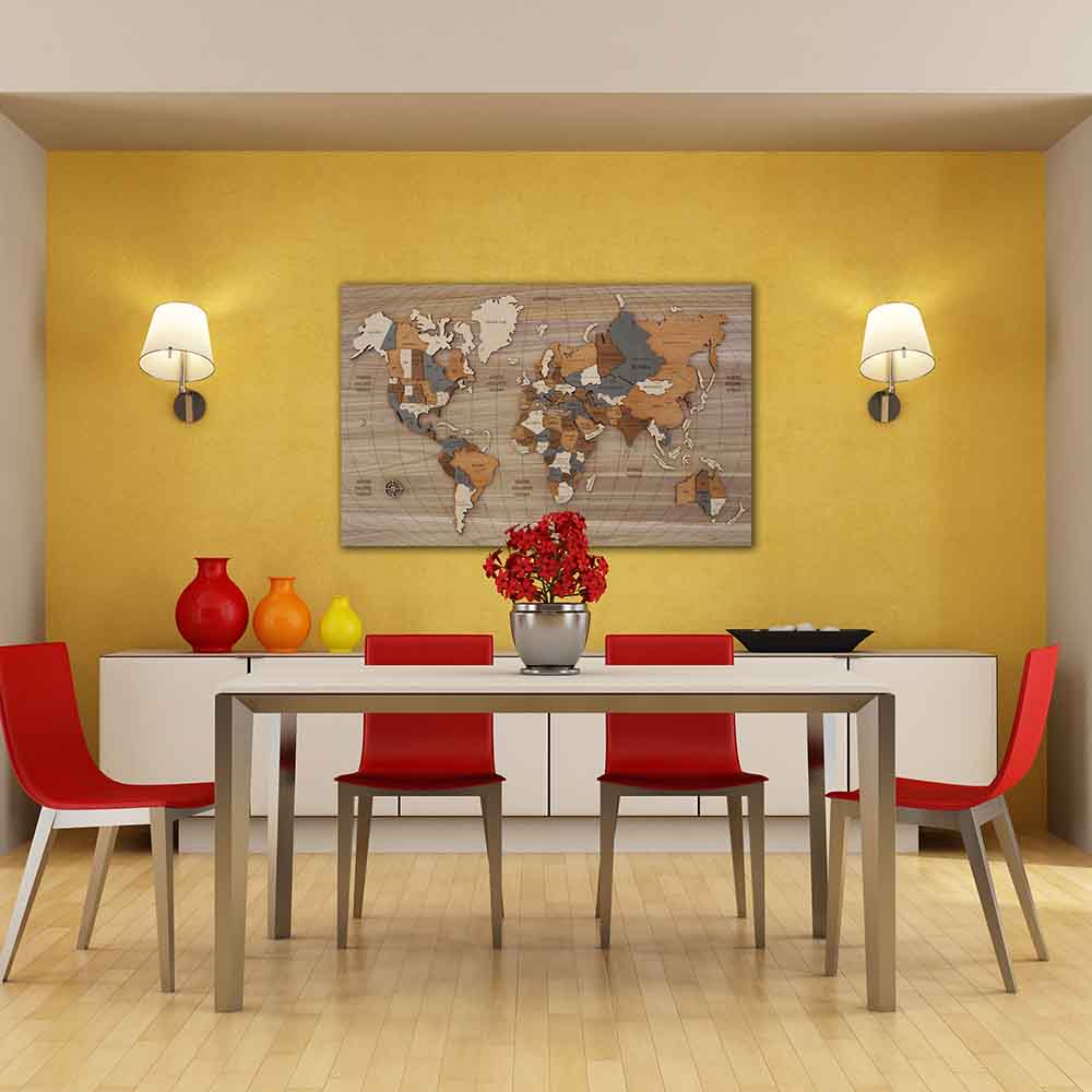 Quadro in legno a rilievo con mappa del mondo stilizzata, decorazione elegante per una cucina moderna.