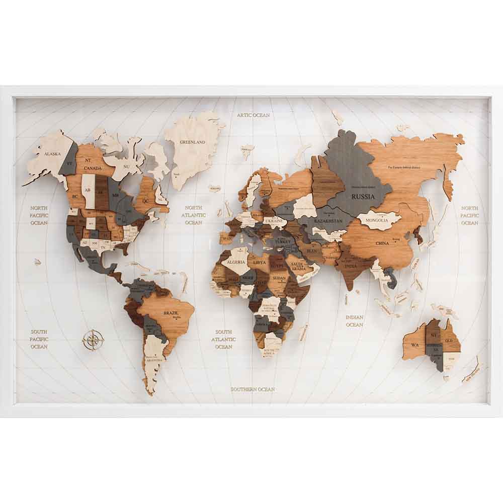 Quadro in legno a rilievo con mappa del mondo su plexiglass, con dettagli geografici incisi con precisione.