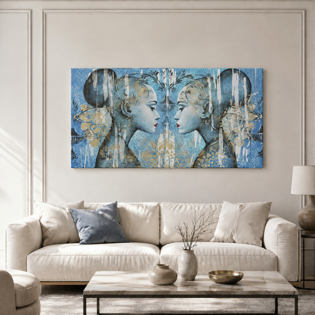 Quadro Profili dipinto a mano su tela, ambientato sopra un divano in un soggiorno moderno ed elegante.