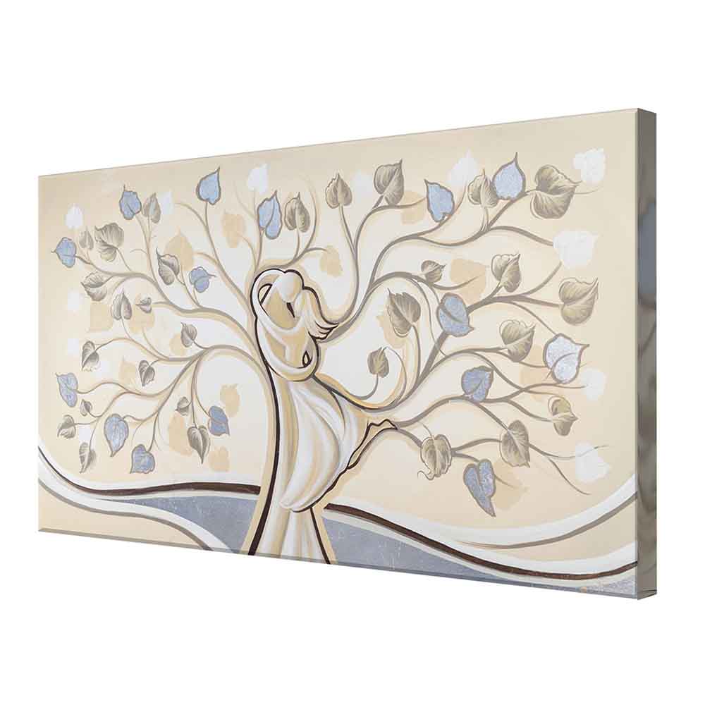 Quadro su tela con un albero stilizzato che rappresenta un abbraccio, visto da un'angolazione laterale.