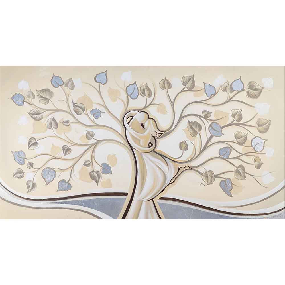 Quadro su tela raffigurante un albero intrecciato che simboleggia un abbraccio, con dettagli artistici raffinati.