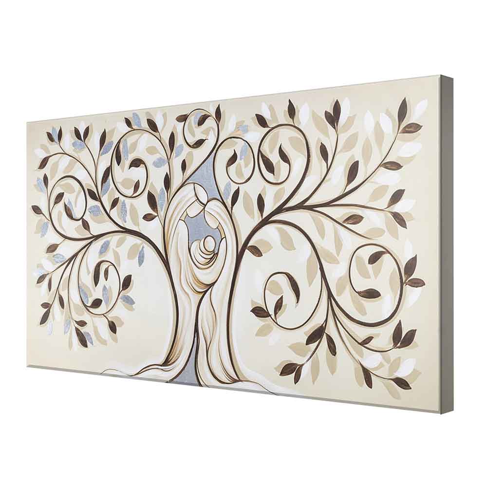 Quadro su tela con Albero della Vita dai rami intrecciati, raffigurante una famiglia unita, visto da un'angolazione laterale.