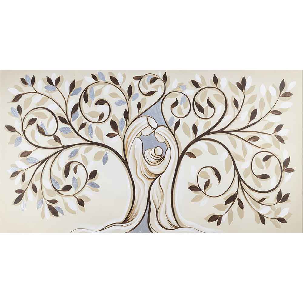 Quadro su tela con decorazione dell'Albero della Vita, i rami armoniosi racchiudono una figura di una famiglia unita in un abbraccio.