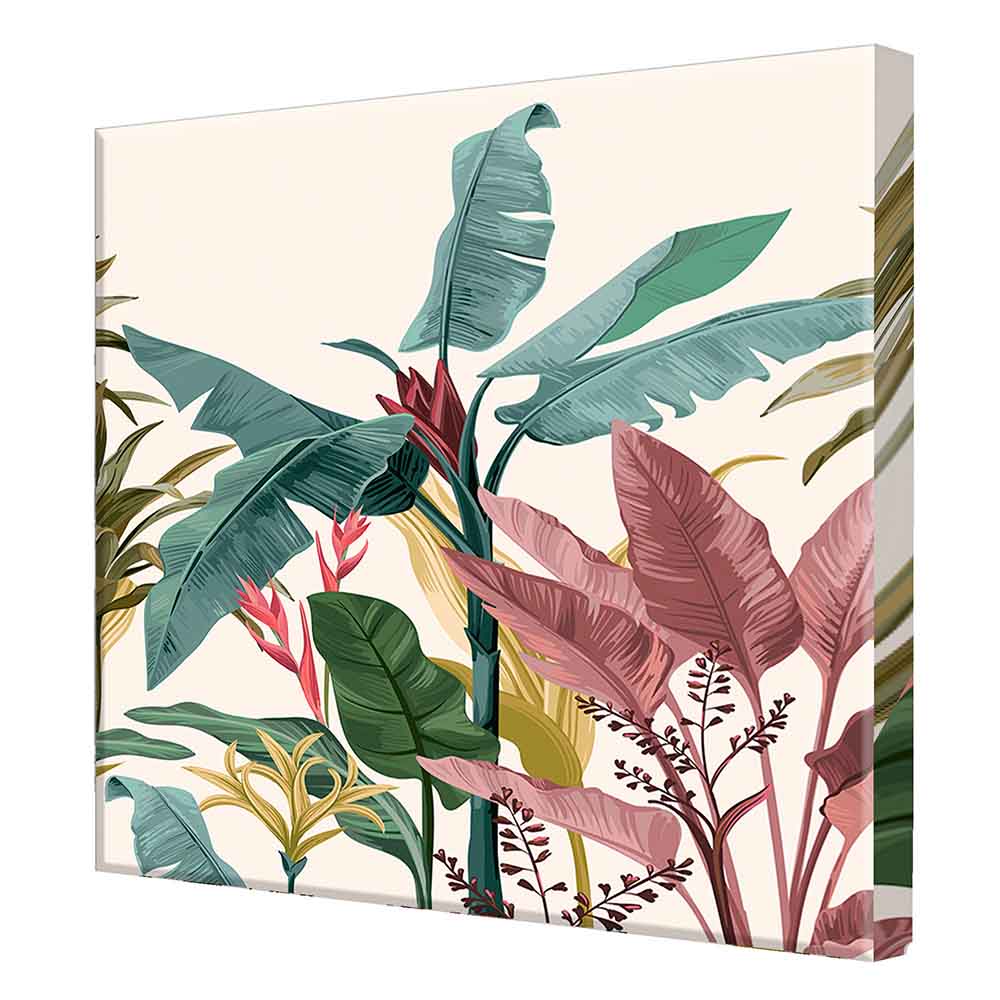 Quadro su tela con piante tropicali dai colori vivaci, grandi foglie di banano e fiori esotici che donano profondità e un tocco decorativo raffinato.