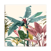Quadro su tela con vegetazione tropicale densa, foglie di diverse forme e colori tra verde, oro e rosso, con fiori esotici in primo piano.