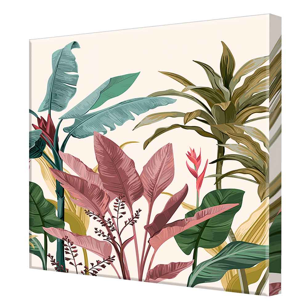 Quadro su tela con composizione di piante tropicali rigogliose, foglie allungate in tonalità verdi e rosse con dettagli raffinati su sfondo neutro.