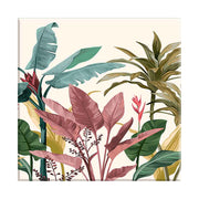 Quadro su tela con ampie foglie di banano, piante tropicali verdi e rosse con fiori esotici su fondo chiaro, creando un'atmosfera naturale e rilassante.
