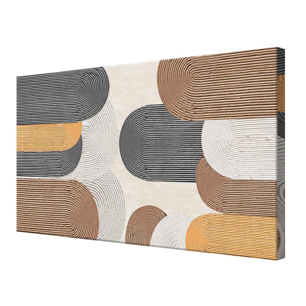 Quadro su tela con elementi astratti arrotondati in beige, nero e oro, visto lateralmente, con texture dall’effetto materico dinamico.