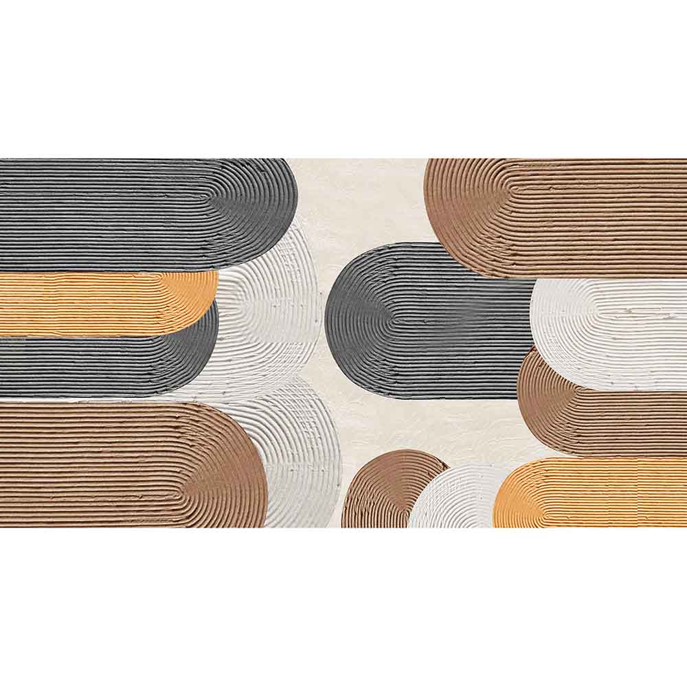 Quadro su tela con motivi astratti sovrapposti in tonalità beige, nero e oro con texture effetto tridimensionale che creano profondità e movimento.