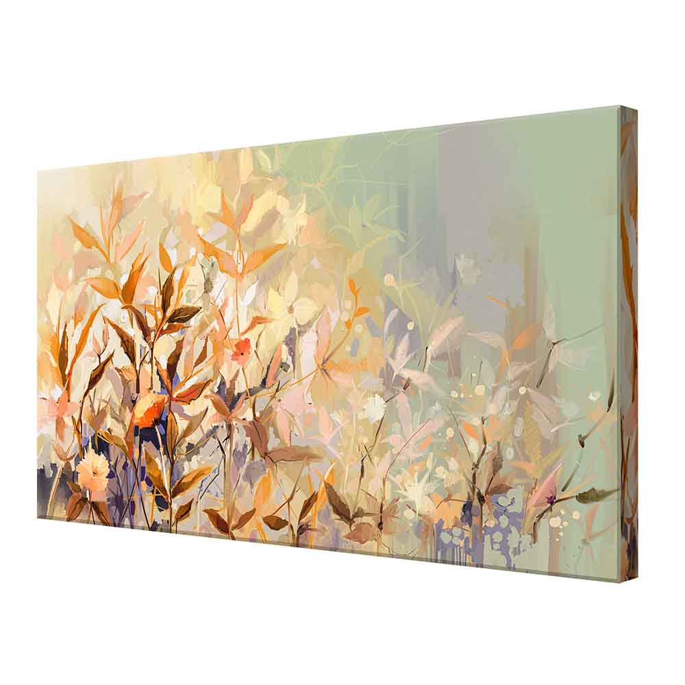 Quadro su tela visto lateralmente con motivo di foglie dorate e fiori delicati su sfondo verde e beige sfumato.