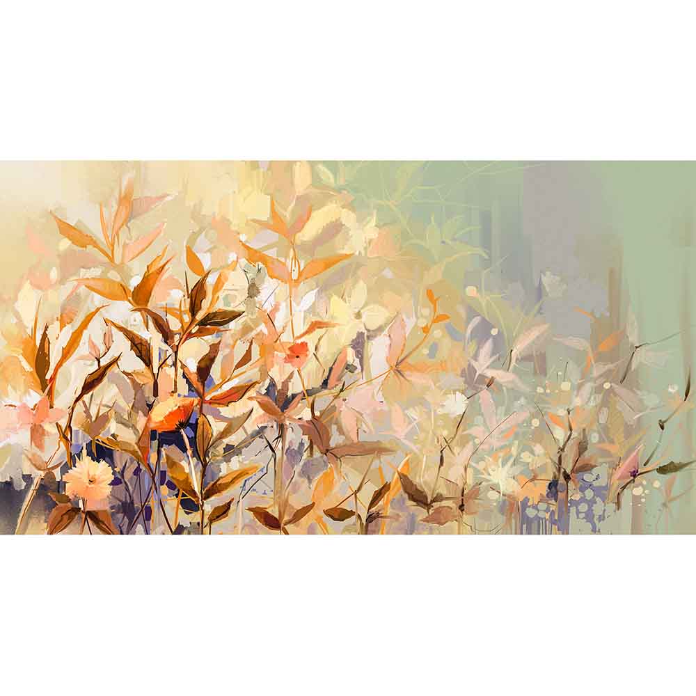Quadro su tela con decorazione floreale dai toni caldi, rami sottili e foglie arancio su sfondo verde sfumato.